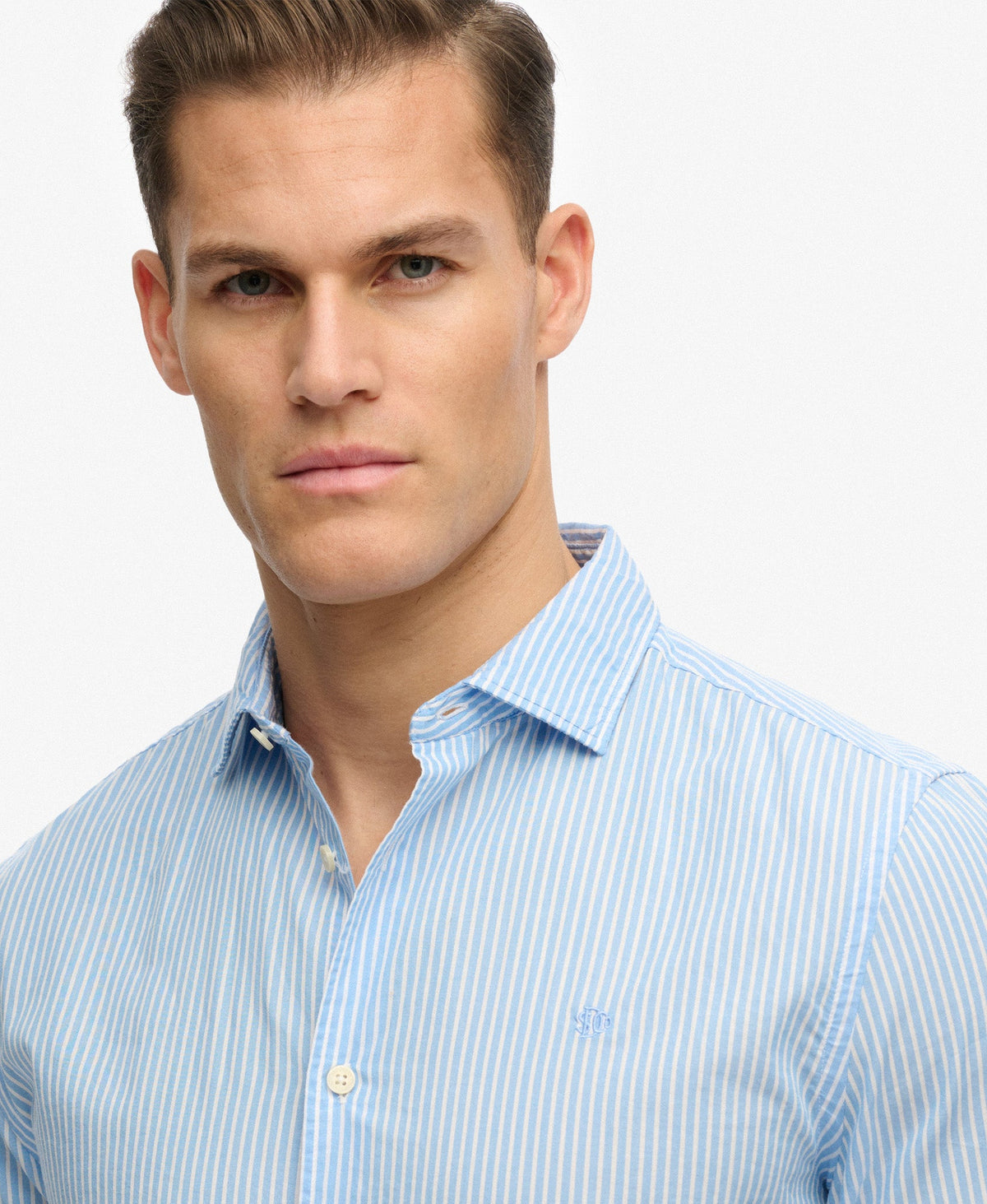 Cut Away Poplin Long Sleeve Shirt | Chalk Blue Stripe