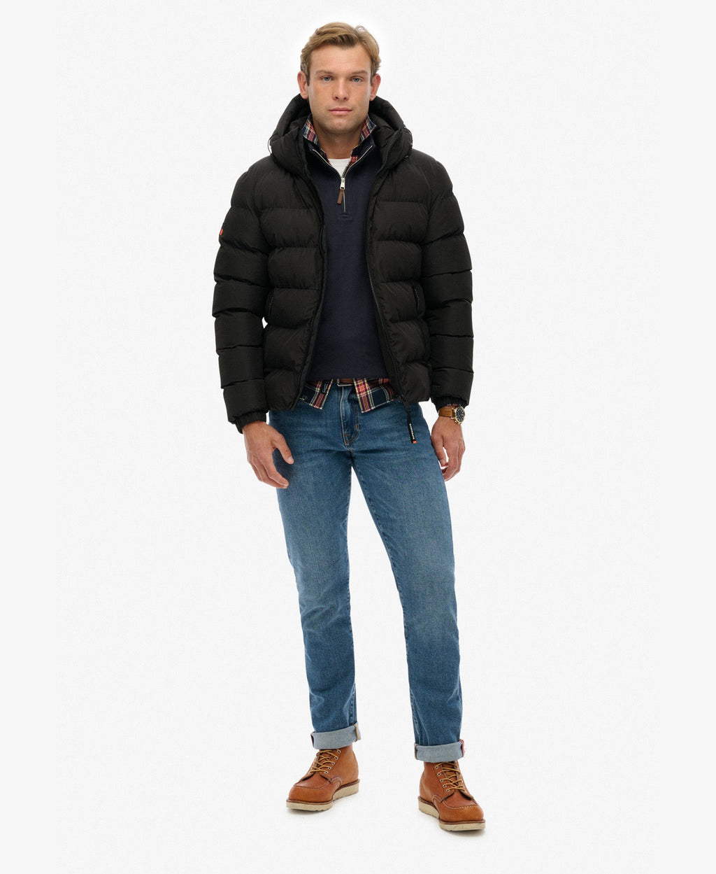 Hooded Sports Puffer Jacket | Black/Black