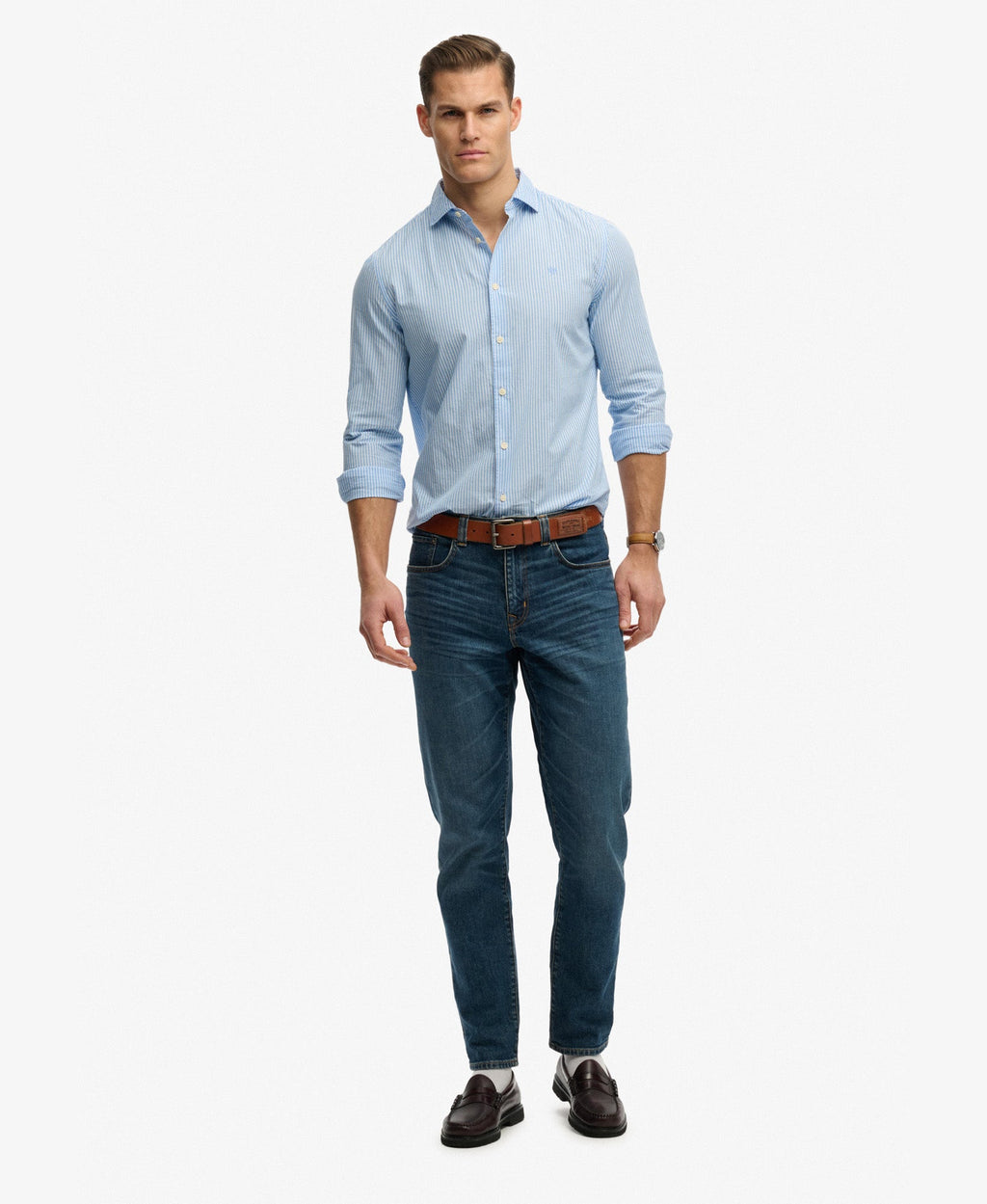 Cut Away Poplin Long Sleeve Shirt | Chalk Blue Stripe