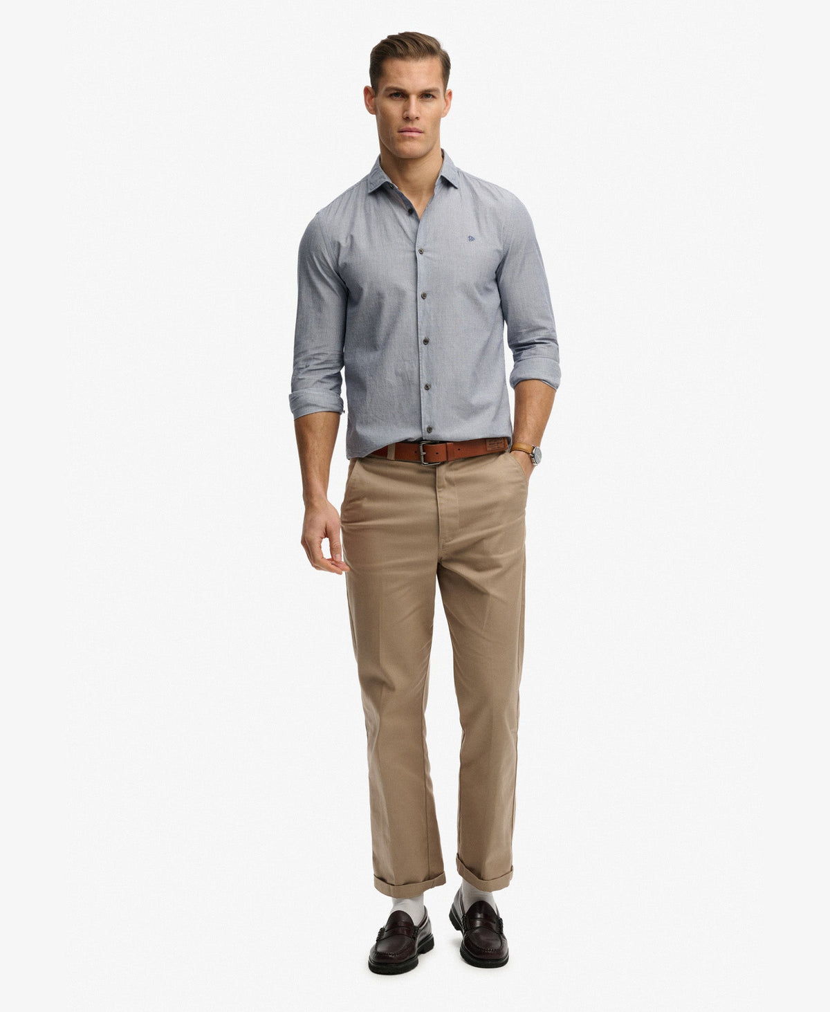Cut Away Poplin Long Sleeve Shirt | End On End Grey/Blue