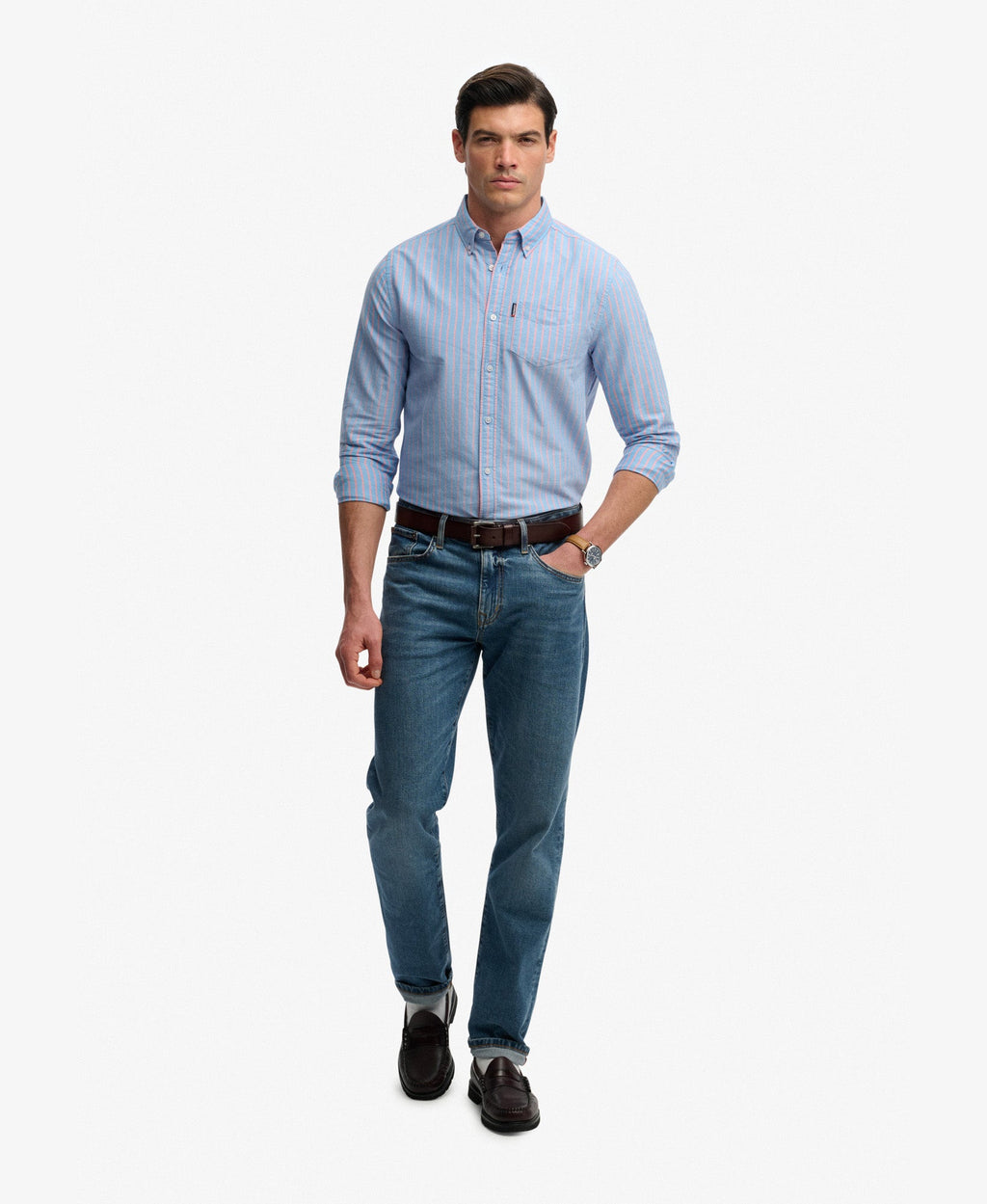 Essentials Oxford Shirt | Blue/Pink Stripe