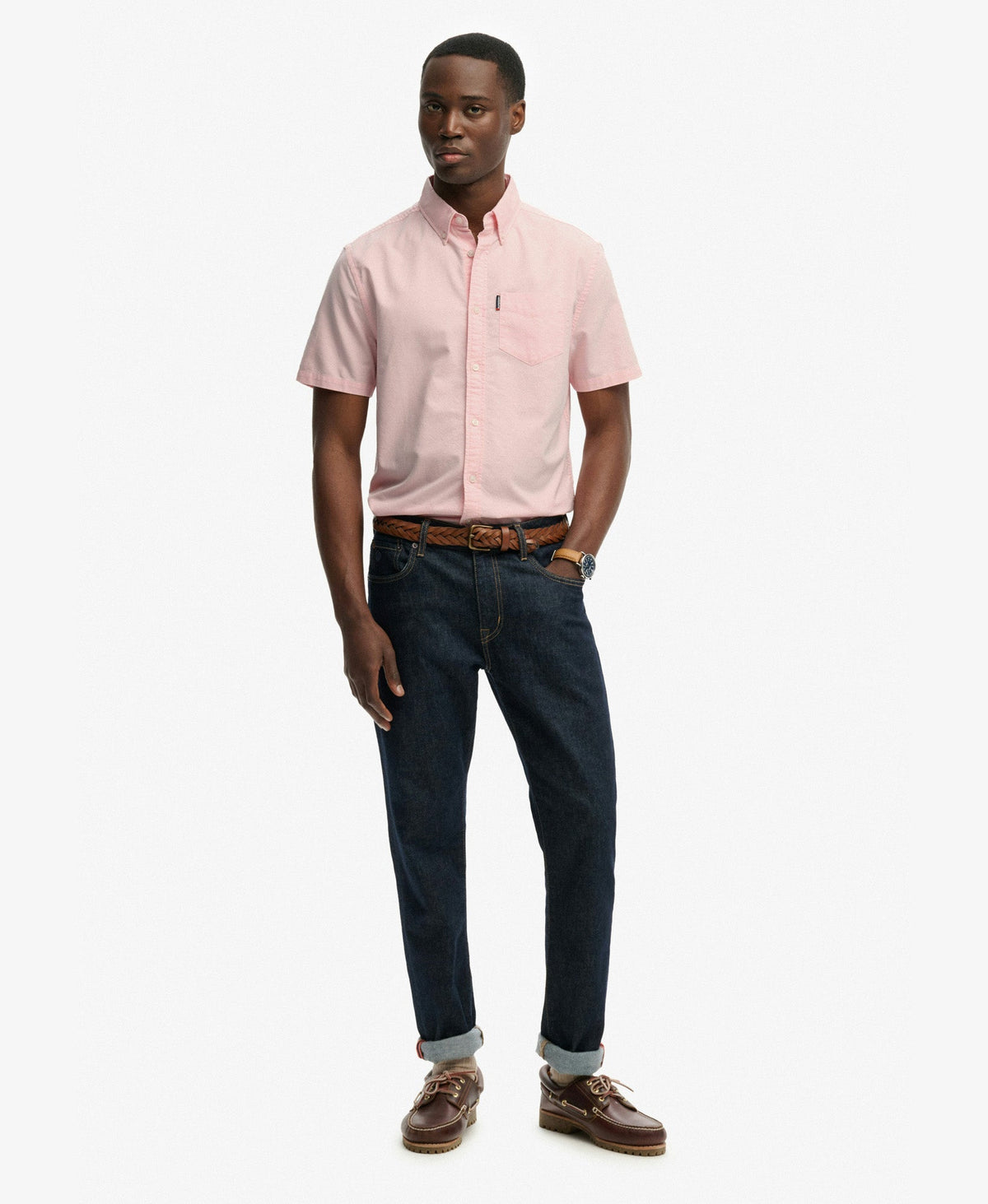 Oxford Short Sleeve Shirt | Coral Pink Chambray
