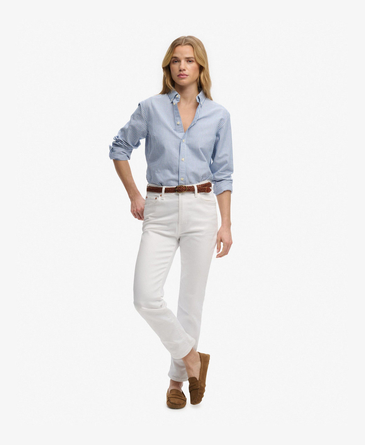 Slim Oxford Long Sleeve Shirt | Azure Blue Stripe Oxford