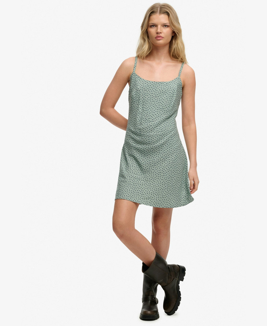Printed Slim Fit Cami Mini Dress | Green/Navy Ditsy Hearts