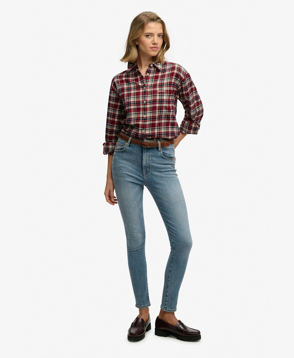 Check Flannel Relaxed Shirt | Bordeaux Red Check