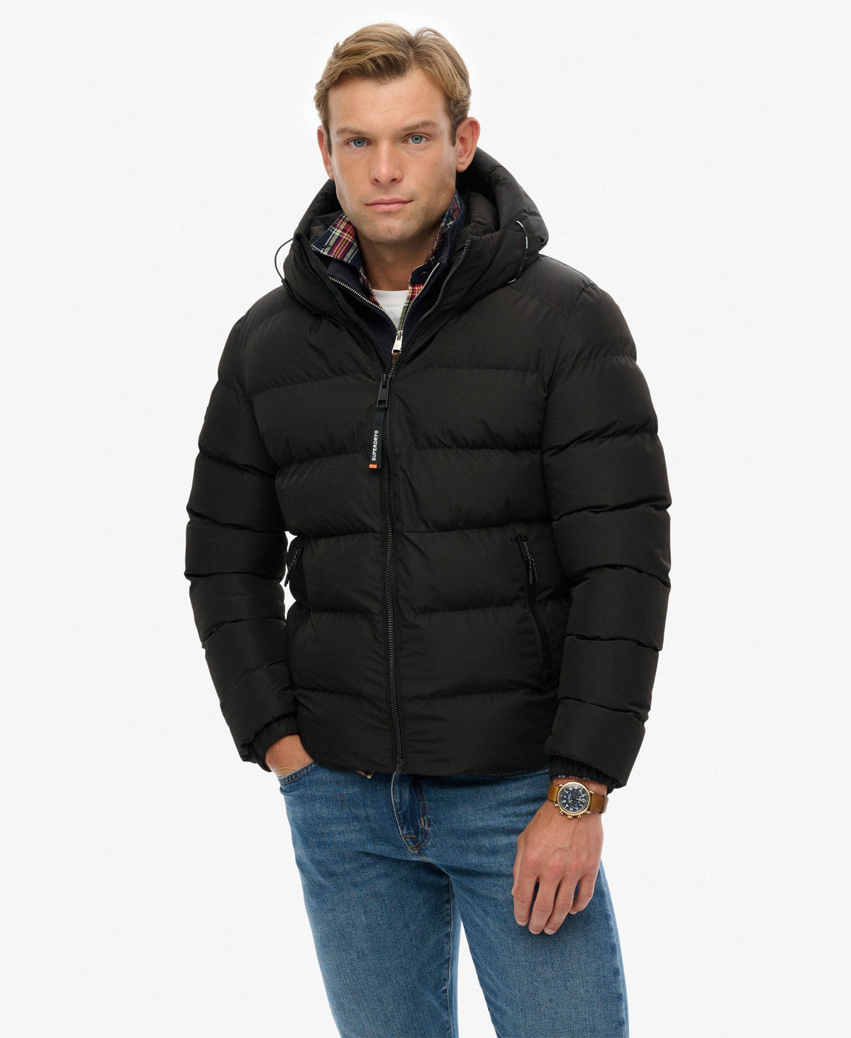 Hooded Sports Puffer Jacket | Black/Black