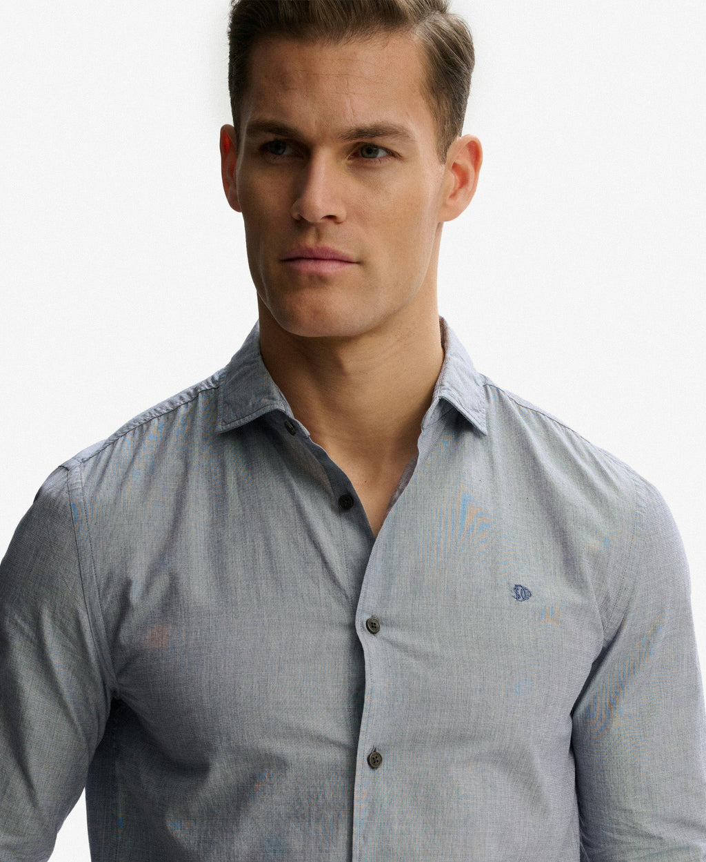 Cut Away Poplin Long Sleeve Shirt | End On End Grey/Blue