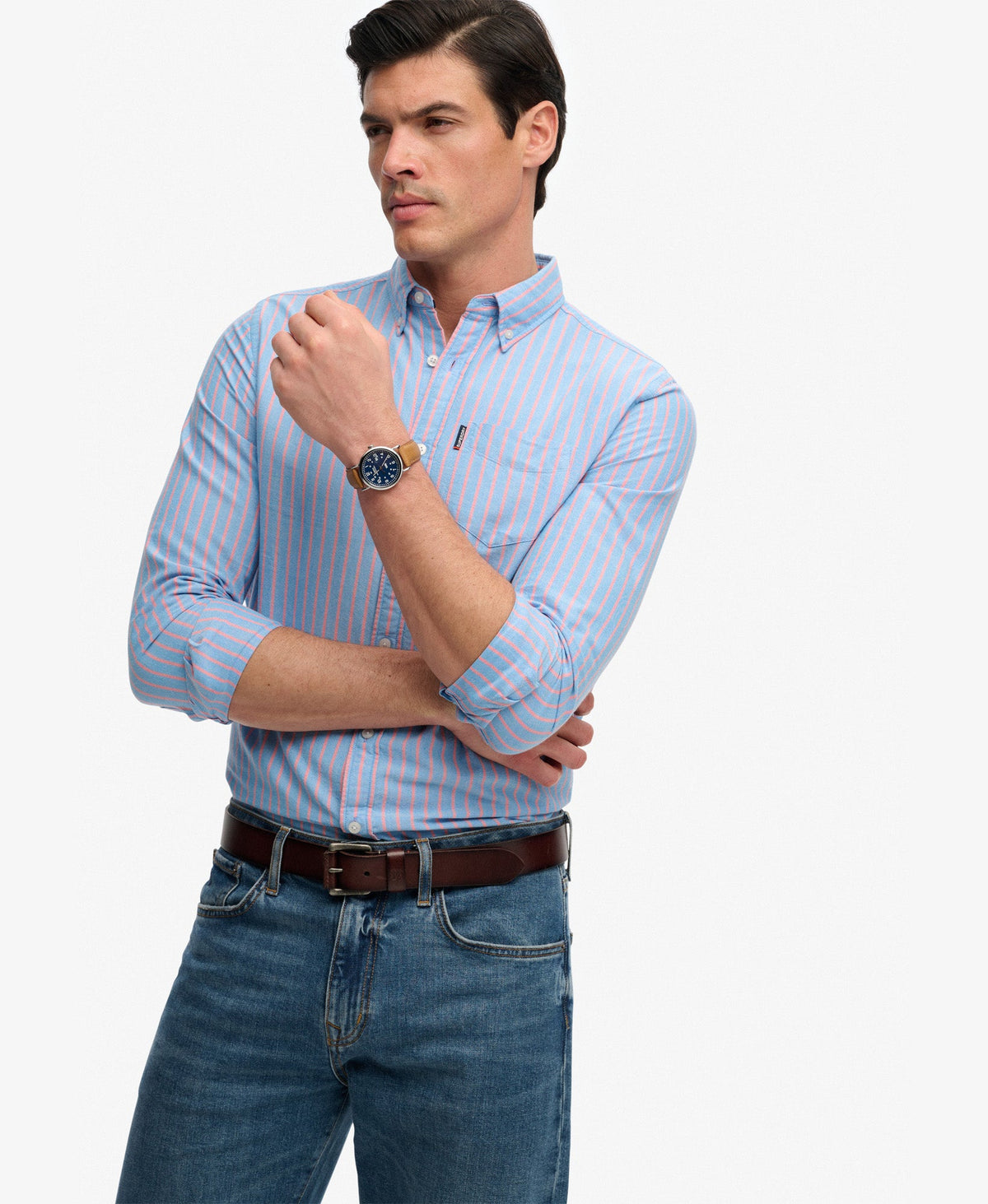 Essentials Oxford Shirt | Blue/Pink Stripe