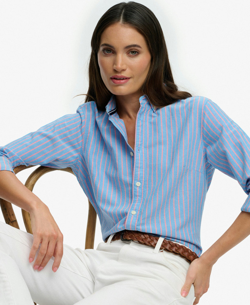 Slim Oxford Long Sleeve Shirt | Blue/Pink Stripe