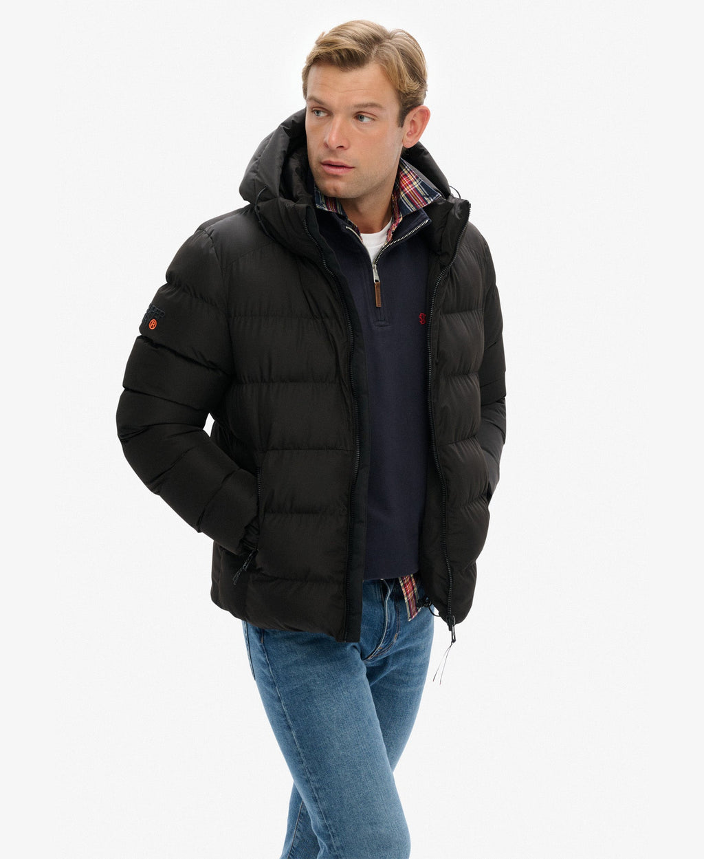 Hooded Sports Puffer Jacket | Black/Black