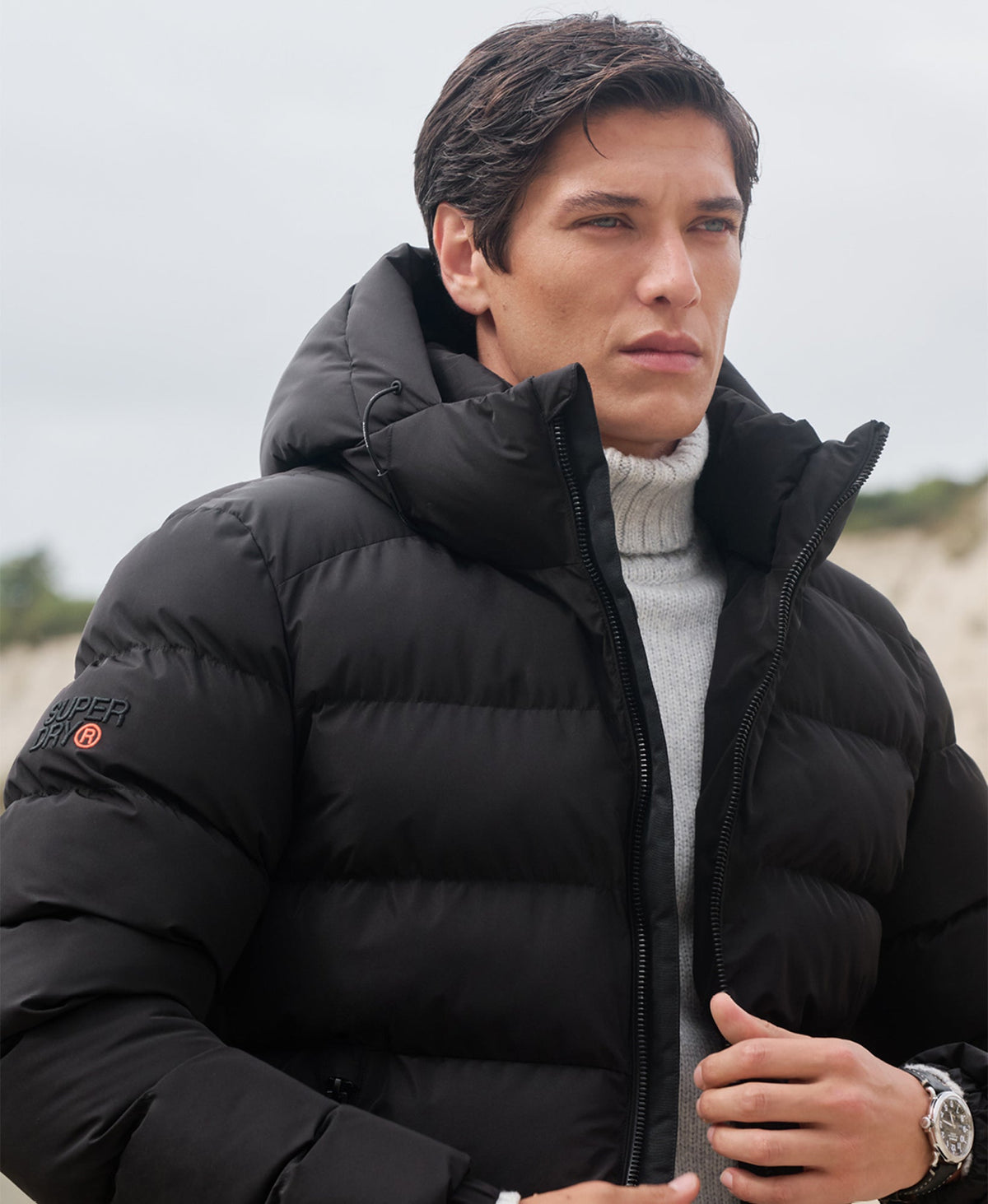 Hooded Sports Puffer Jacket | Black/Black